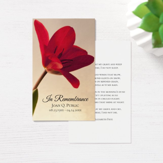 Red Tulip Flower Vår Funeral Memorial Prayer Visitkort (Skivbord)