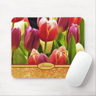 Red Tulip Flowers Guld Sparkles Blommigt Namn Musmatta