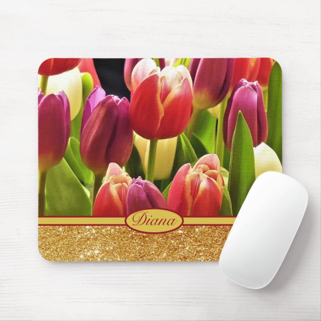 Red Tulip Flowers Guld Sparkles Blommigt Namn Musmatta (Med mus)