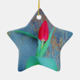 Red Tulip på Blue Grått Slate Julgransprydnad Keramik