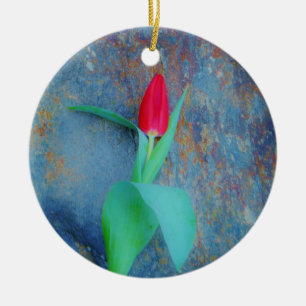 Red Tulip på Blue Grått Slate Julgransprydnad Keramik