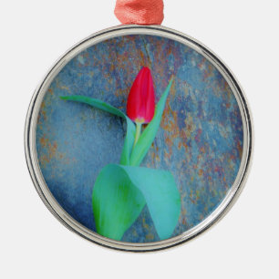 Red Tulip på Blue Grått Slate Julgransprydnad Metall