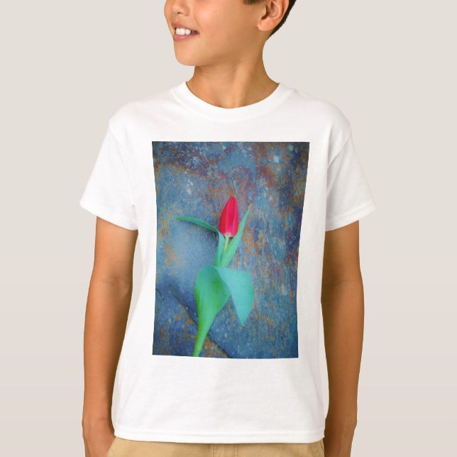 Red Tulip på Blue Grått Slate T-shirt (Framsida)