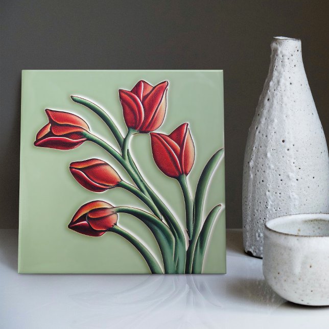 Red Tulip Wall Decor Art nouveau Art Deco Ceramic Kakelplatta (Skapare uppladdad)