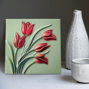 Red Tulip Wall Decor Art nouveau Art Deco Kakelplatta