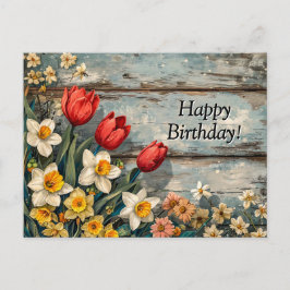 Red Tulips and Daffofils on Blue Wood Vykort