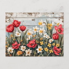 Red Tulips and Daffofils on Blue Wood Vykort