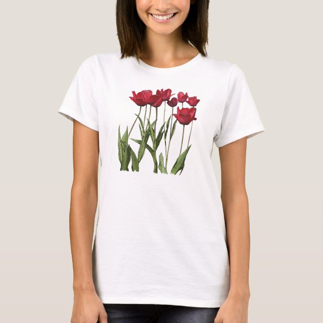 RED TULIPS Blommigt Art Flower Design T-shirt (Framsida)
