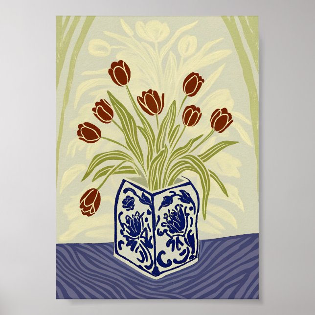 Red Tulips in Blue Square Chinoiserie Vase  Poster (Framsidan)