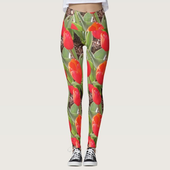 Red Tulips Mönster Leggings (Framsida)