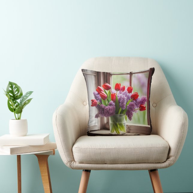 Red Tulips och Lilac Bouquet Kudde (Stol)