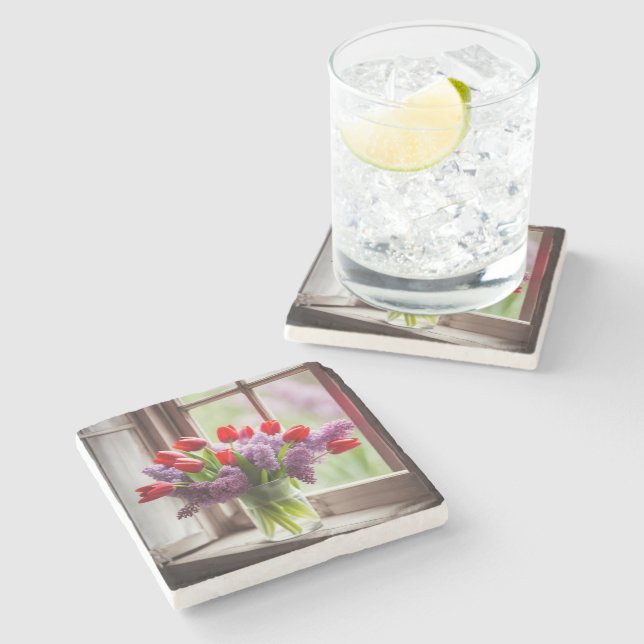 Red Tulips och Lilac Bouquet Stenunderlägg (Sidan)