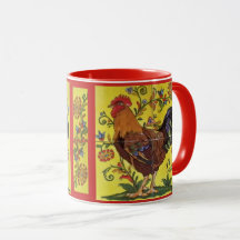 Red Tupp Chicken Folk Art Mugg Gult Blommigt