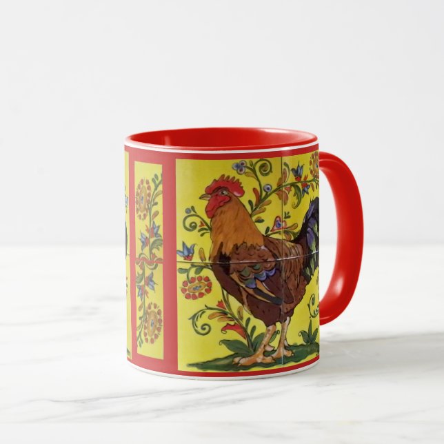 Red Tupp Chicken Folk Art Mugg Gult Blommigt (Framsida höger)