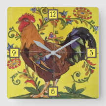 Red Tupp Gult Chicken Folk Tile Clock Blommigt
