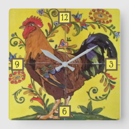 Red Tupp Gult Chicken Folk Tile Clock Blommigt Fyrkantig Klocka
