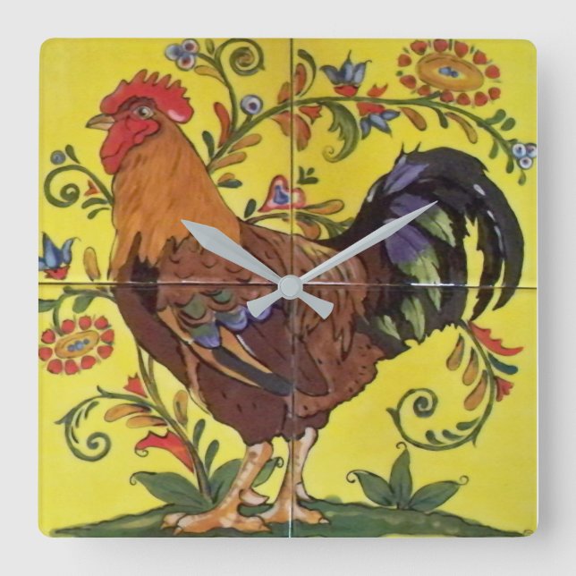 Red Tupp Gult Chicken Folk Tile Clock Blommigt Fyrkantig Klocka (Framsida)