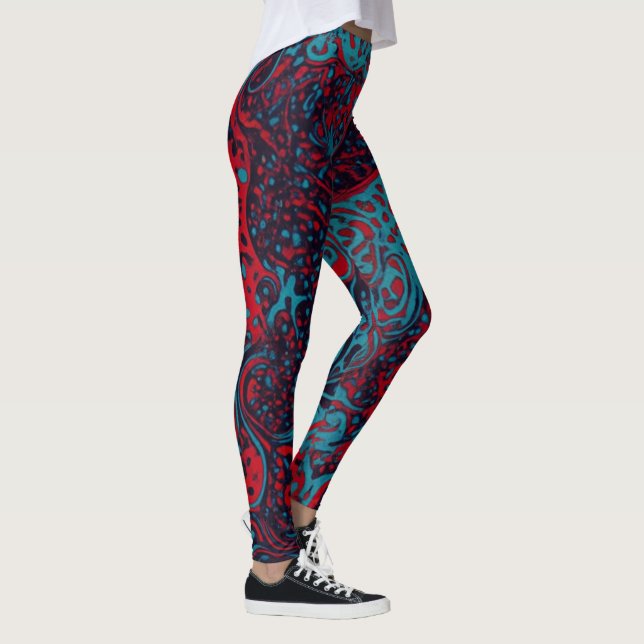 Red Turquoise Marble Abstract Pattern Leggings (Höger)