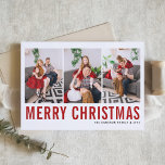 Red Typography God jul Photo Collage Helgkort<br><div class="desc">God Jul! Anpassade julleskort med rött enkelt typografi och snö mönster. Anpassa genom att lägga till tre foton,  namn,  år och annan information. Det här moderna julfotokortet finns i andra färg och på andra kartonger.</div>