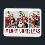 Red Typography God jul Three Photo Collage Magnet<br><div class="desc">God jul! Ta med dig en gnutta helgdag till ditt hem med Anpassadet Photo jul Magnet! Med den här magneten får du perfekt att visa omhuldade minnen. Du kan anpassa den med ditt favoritfoto, skapar det som ett unikt tillägg till din helgdag-dekoration. En idealisk gåva till familj och vänner -...</div>