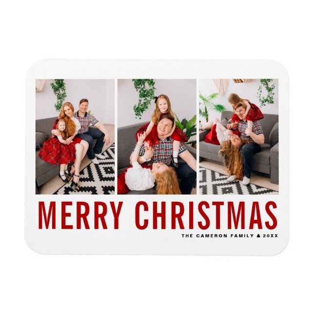 Red Typography God jul Three Photo Collage Magnet (Horisontell)