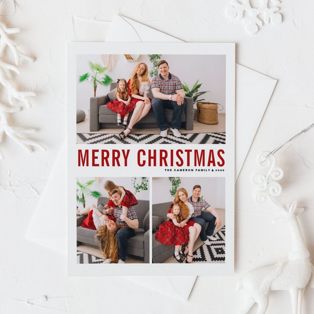 Red Typography God jul Three Photo Helg Vykort (Modern Red Typography Three Photo Collage Merry Christmas Postcard)