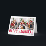 Red Typography Lycklig Hanukkah Photo Collage Helgkort<br><div class="desc">Lycklig Hanukkah! Anpassade Lycklig Hanukkah-fotosamlingskort med röd typografi och snö mönster. Anpassa genom att lägga till tre foton,  namn,  år och annan information. Detta moderna Hanukkah-kort finns i andra färg och i andra kartonger.</div>