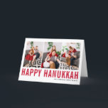 Red Typography Lycklig Hanukkah Photo Collage Helgkort<br><div class="desc">Lycklig Hanukkah! Anpassade Lycklig Hanukkah-fotosamlingskort med röd typografi och snö mönster. Anpassa genom att lägga till tre foton,  namn,  år och annan information. Detta moderna Hanukkah-kort finns i andra färg och i andra kartonger.</div>