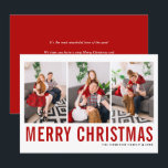 Red Typography Photo Collage God jul Julkort<br><div class="desc">God Jul! Anpassadets platta julfotokollage med rött enkelt typografi och snö mönster. Anpassa genom att lägga till tre foton,  namn,  år och annan information. Det här moderna julkortet finns i andra färg och på andra djurhållare.</div>