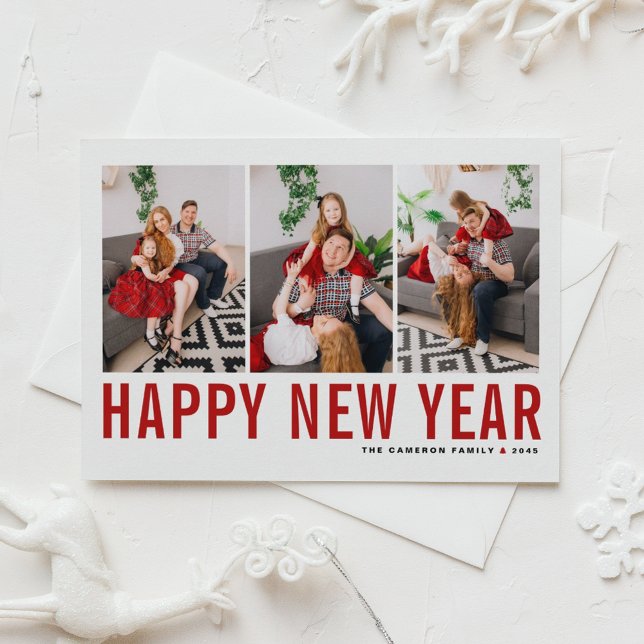 Red Typography Photo Collage Gott nytt år Helg Vykort (Send new year cheer with this customizable red three-photo-collage Happy New Year Postcard. )