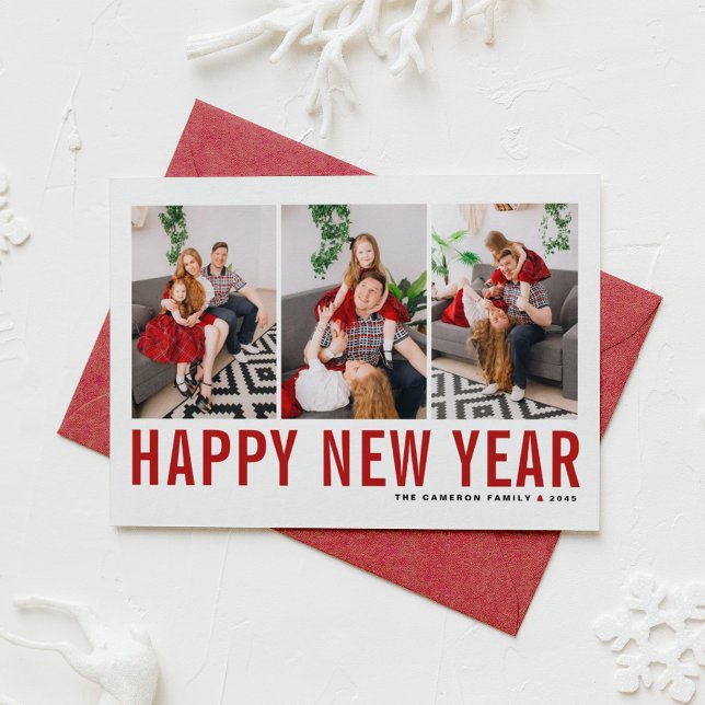 Red Typography Photo Collage Gott nytt år Helgkort (Send new year cheer with this customizable red three-photo-collage Happy New Year Card. )