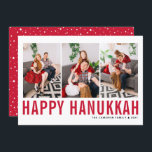 Red Typography Photo Collage Lycklig Hanukkah Julkort<br><div class="desc">Lycklig Hanukkah! Anpassade Lycklig Hanukkah-fotosamlingskort med röd enkel typografi och snö mönster. Anpassa genom att lägga till tre foton,  namn,  år och annan information. Det här moderna platta Hanukkah-kortet finns i andra färg och andra djurbesättningar.</div>