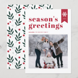 Red Typography Snowflake Season's Greetings Photo Julkort