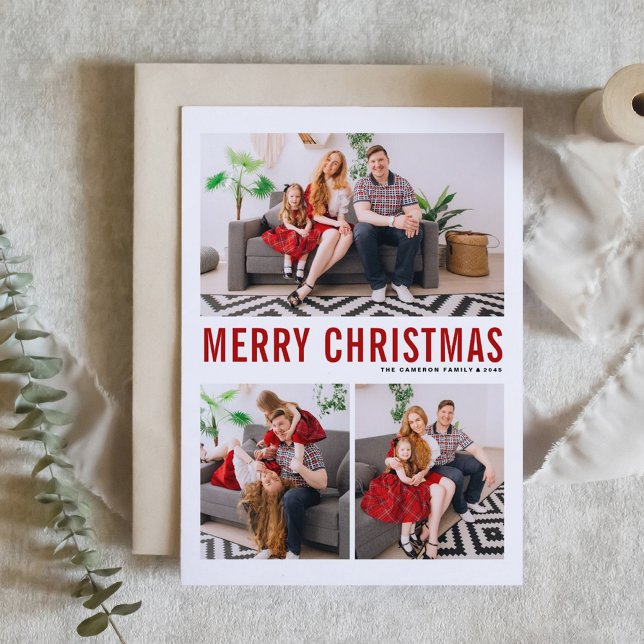 Red Typography Three Photo God jul Card Helgkort (Modern Red Typography Three Photo Collage Merry Christmas Card)
