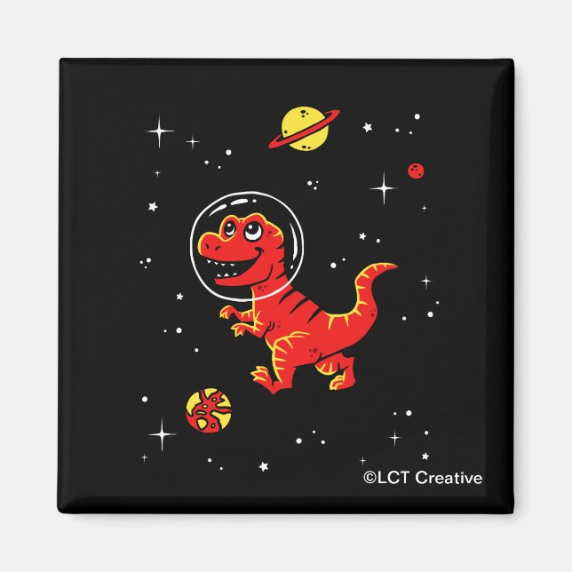 Red Tyrannosaurus Rex Dinos in Space Magnet (Framsidan)