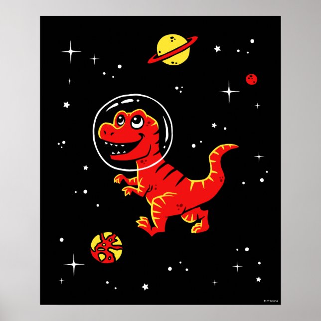 Red Tyrannosaurus Rex Dinos in Space Poster (Framsidan)