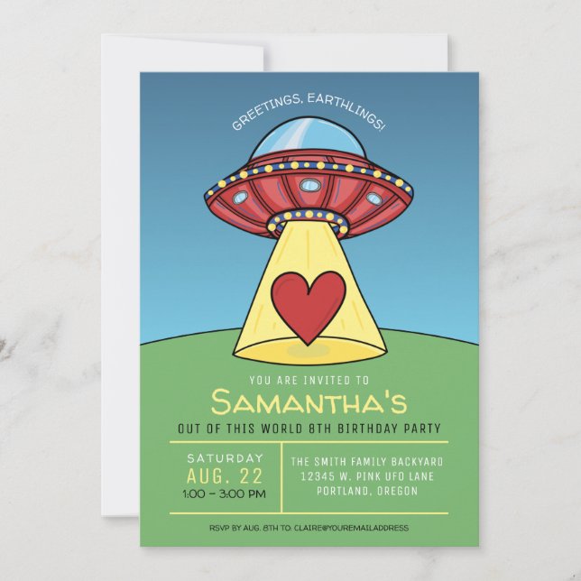 Red UFO Alien Födelsedagsfest inbjudan (Framsida)