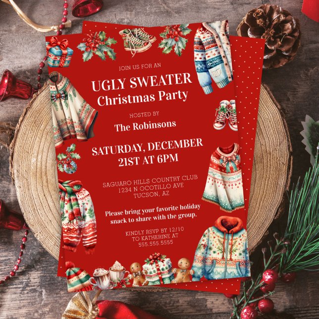 Red Ugly jul Sweater Jumper Julfest Inbjudningar (Red ugly christmas sweater party invitation for ugliest jumper contest holiday party invites)