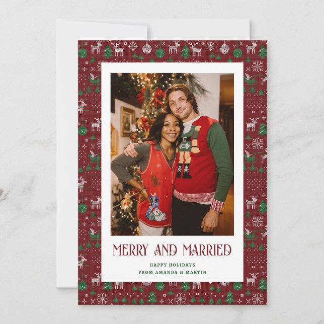 Red Ugly Sweater Married and Merry Photo Julkort (Framsida)