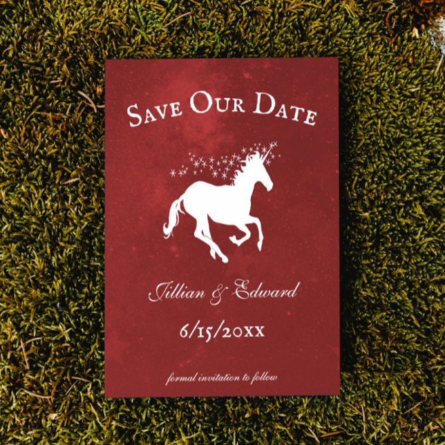 Red Unicorn Spara datum meddelande (Red Unicorn Save the Date Wedding Announcement)