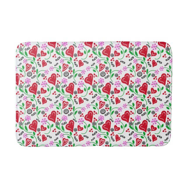 Red Valentine Hearts Rosa Flowers Bath Mat Badrumsmatta (Framsidan)