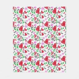 Red Valentine Hearts Rosa Flowers Fleecefilt