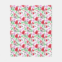 Red Valentine Hearts Rosa Flowers Fleecefilt