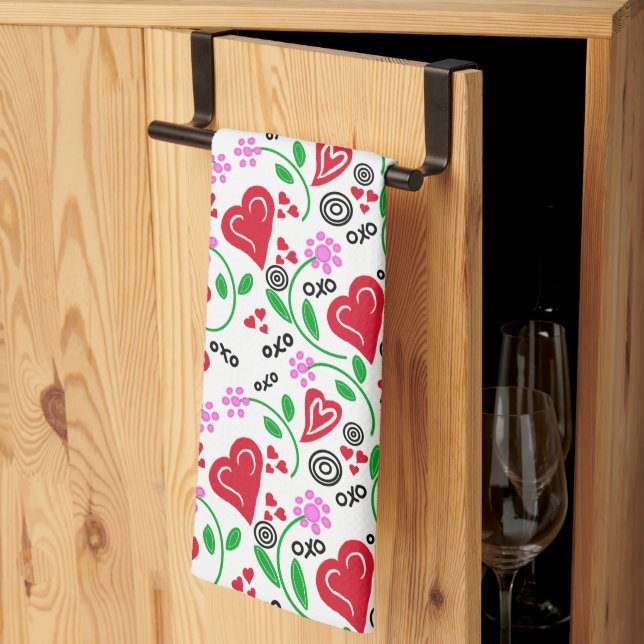Red Valentine Hearts Rosa Flowers Kitchen Towels Kökshandduk (Thirds Fold)