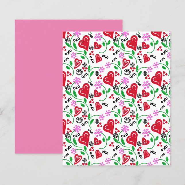 Red Valentine Hearts Rosa Flowers Scrapbook Papper (Fram/baksida)