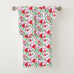 Red Valentine Hearts Rosa Flowers Towel