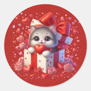 Red Valentine Kitten in A Box Hearts Ribbon Runt Klistermärke
