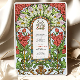 Red Valerian & White Daisy Art nouveau Bröllop Inbjudningar