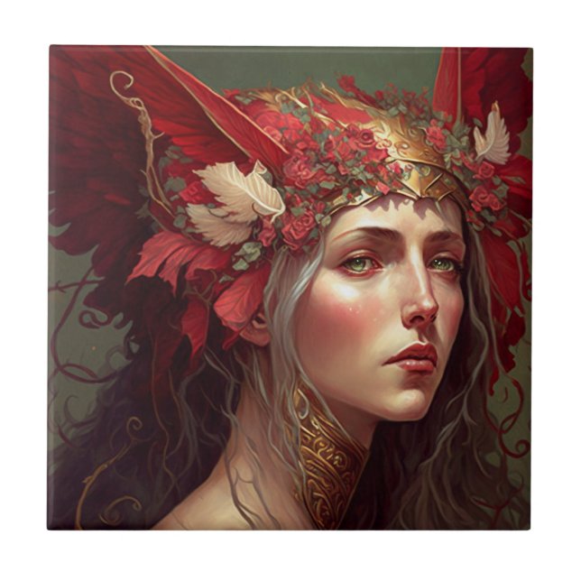 Red Valkyrie Woman Fantasy Art Kakelplatta (Framsidan)
