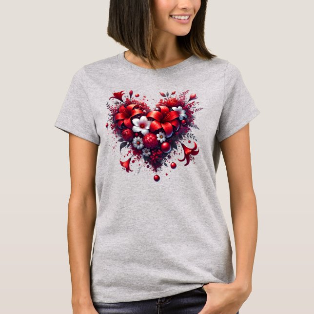 Red Vår blommor Heart-53476 T Shirt (Framsida)
